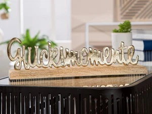 Gilde Alu Schriftzug Glücksmomente auf Holzbalken goldfarb 31 cm Mangoholz 55044 - Bild 1 von 1