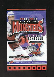 Lowell Lock Monsters--Mike Zigomanis--2002-03 Pocket Schedule--AHL--Hurricanes