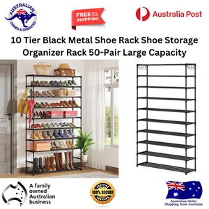 10 Tier Black Shoe Rack Metal Shoe Storage 50-Pair Large Organised Capacity - Picture 1 of 5