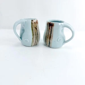 2 JS Pottery Studio Coffee Mugs 8 oz Baby Blue Brown Striped Glaze Retro MCM Cup - Picture 1 of 12
