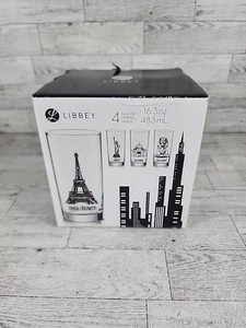 Libbey 4 Glass Set 16.3oz Eiffel Tower Statue Of Liberty Taj Mahal Sphinx Drink - Picture 1 of 7