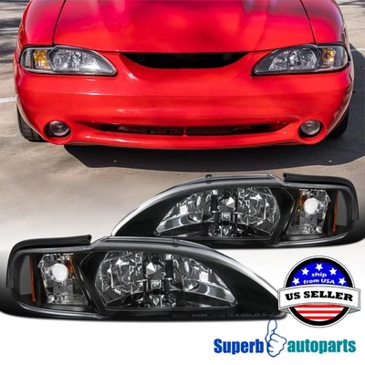 Fits 1994-1998 Ford Mustang Head Lamps Corner Lights Black 94-98 Replacement Foto 1 de 4