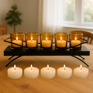 Kerzenhalter Baltus schwarz Metallrahmen mit 5 Glastassen & Teelichtkerzen - Bild 1 von 2