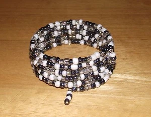 Hematite White Crystal Beaded Wrap Coil Bracelet - USA Made / Ship - Glass Beads - Picture 1 of 5