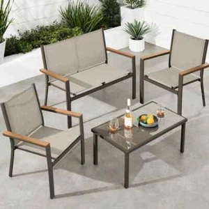 Brown 4-Piece Outdoor Tan Textilene Metal Patio Conversation Furniture Set w/ Lo - Picture 1 of 7