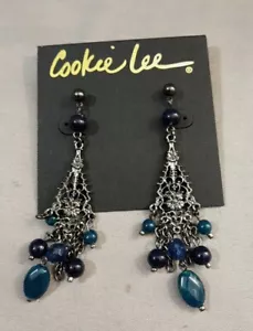Cookie Lee Teal/Blue Chandelier Earrings Glass Plastic Beads 3.5"L #82396 NWT - Picture 1 of 6
