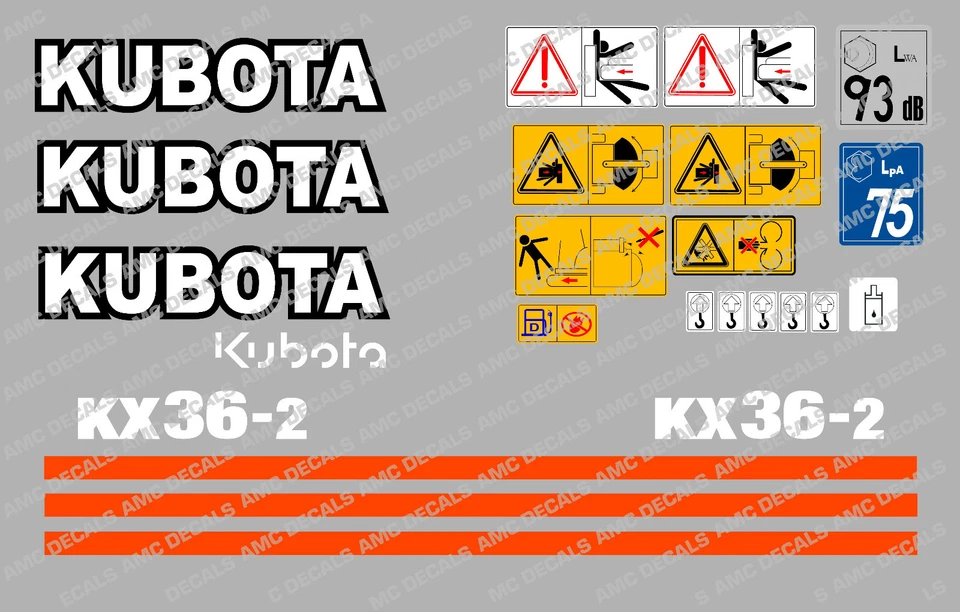 JUEGO COMPLETO DE CALCOMANÍAS MINI EXCAVADORA KUBOTA KX36-2 CON SEÑALES DE ADVERTENCIA DE SEGURIDAD Foto 1 de 1