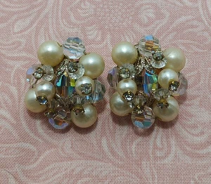 Vintage Faux Pearl Aurora Borealis Wired Cluster Bead & Rhinestone Clip Earrings - Picture 1 of 6