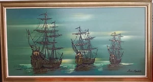 Beautiful Vintage Mid-Century Galleons At Sea Drip Painting - Picture 1 of 3