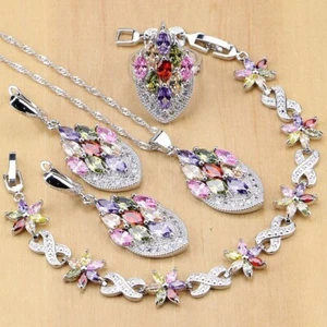 925 Sterling Silver Semi Precious CZ Multi Zircon Women Wedding Jewellery Set - Picture 1 of 15