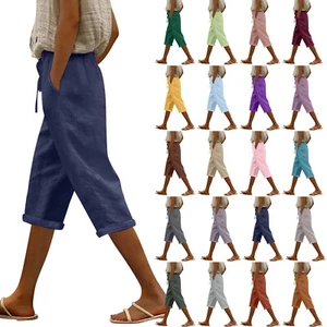 Womens Capri Pants Casual Summer Drawstring Elastic Cropped Pants with 2 Pockets - Picture 1 of 25
