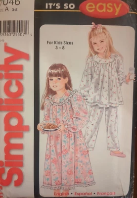 SIMPLICITY Sewing Pattern #7046 GIRLS' NIGHTGOWN AND PAJAMAS size 3-8 UC/FF - Image 1 of 4