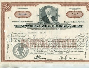 New York Central Railroad Co. 2 Stock Certificates 1955-1965 See Scans - Picture 1 of 4