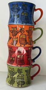 PIER 1 Owl Stacking Mugs Set of 4 (No Stand) Handpainted Stoneware Colorful VGUC - Picture 1 of 23