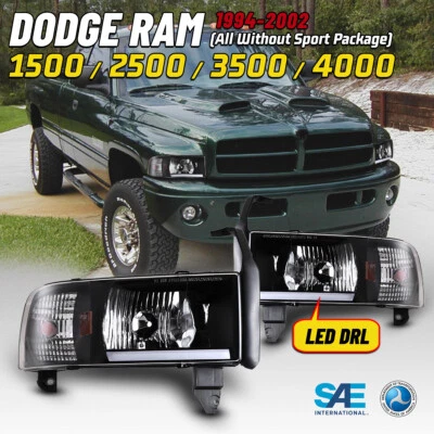 Juego de faros para 94-02 Dodge Ram 1500 2500 3500 LED DRL Bar luces delanteras negras Foto 1 de 4