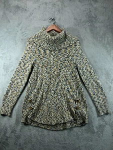 Belldini Womens Sweaters Tunic Small Yellow Blue Tweed Chunky Knit Funnel Neck - Picture 1 of 10