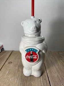 Botella de agua blanca vintage de oso polar de Coca Cola con pajita roja nueva - Imagen 1 de 9