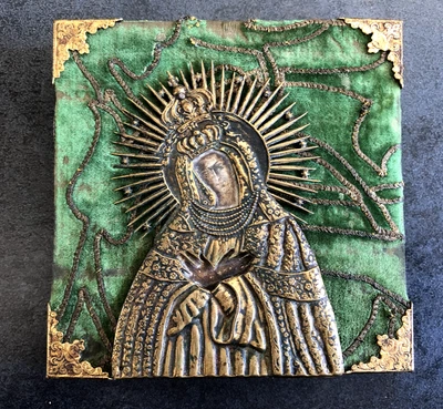 Ancien Icône Rihza en laiton  Tempera Vierge Enfant XIXéme - Photo 1/4