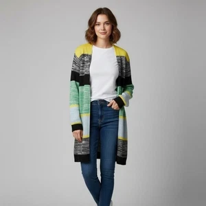 Lane Bryant Colorblock LongLine Knit Belted Cardigan Plus Size 26/28 Stripe - Picture 1 of 7