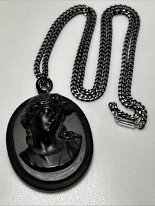 Antike viktorianische Vulkanit tiefschwarze Gutta Percha Kamee Trauer 24" Halskette - Bild 1 von 3
