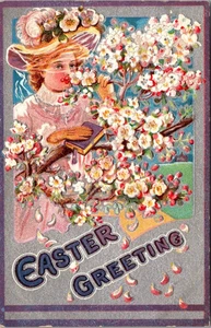 AK Ostergrüße Dame Blumen Bibel Kirche geprägt - Bild 1 von 2