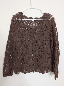 Dressbarn's Size Large Brown Crocheted Netted Style Cardigan Beach Boho Button - Picture 1 of 5