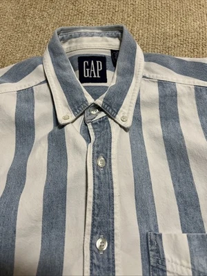 VTG 90’s GAP Denim Shirt Medium Blue White Vertical Stripe Button Down Collar NC - Image 1 of 4