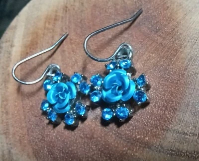 Blue Titanium  & 8 Eye- Catching Rhinestones Per Rose Dangle on Hooks to Delight - Image 1 of 4