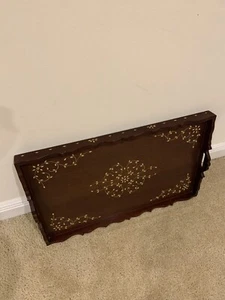 Vintage Wood Inlay Accent Solid Wood Handle Serving Tray - Picture 1 of 11