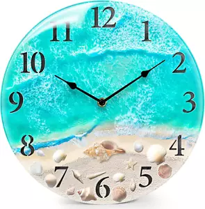 Coastal Nautical Glass Wall Clock with Seashell Design and Aesthetic Beach Theme - Picture 1 of 12