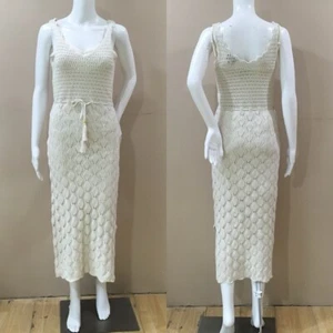 Freshman 1960 Womens XS Ivory Knit Midi Dress Crochet Drawstring Waist New - Picture 1 of 6