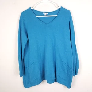 Pure Jill Sweater Womens Medium Petite Blue Knit Cashmere Cotton Blend Pockets - Picture 1 of 11