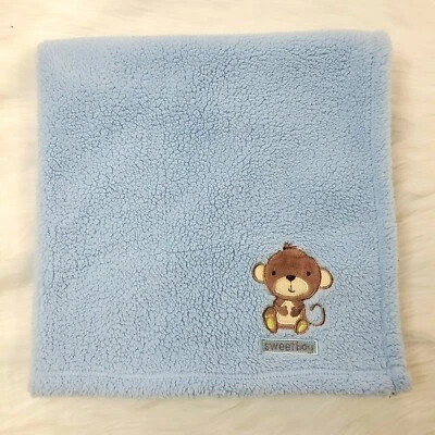 Cutie Pie Baby Blanket Monkey Sweet Boy Soft Plush Sherpa Blue Security   B19 - Image 1 of 3