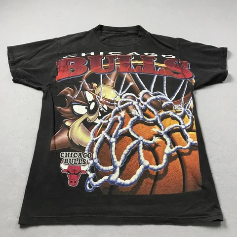 VINTAGE Chicago Bulls Shirt Mens Large Black Looney Tunes Taz AOP 90s NBA Over Cover