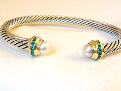 $1925 DAVID YURMAN 14K GOLD, SS PRINCESS PEARL EMERALD BRACELET 5mm - Image 1 of 3