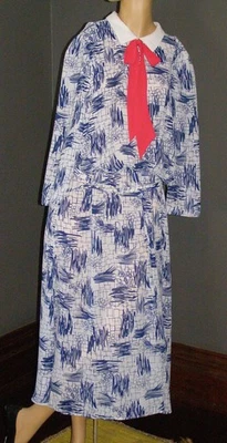 Vintage 80's blue & white abstract tea dress RED ASCOT L XL collar secretary - Image 1 of 4