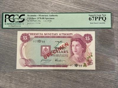 1978-88- Bermuda- 5 Dollars- Queen Elizabeth II- Pick#29s- PCGS- 67PPQ- Specimen - Image 1 of 2