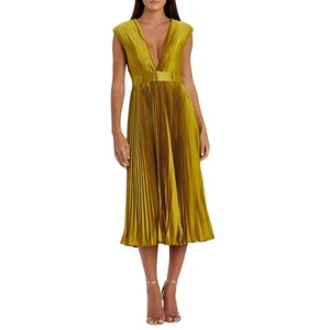 Vestido Mac Duggal Plisado Satén Cuello en V Manga Gorra Cinturón Midi Citrón Talla 6 - Imagen 1 de 14