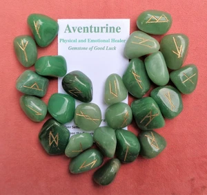 Aventurine Green Quartz Runes Set-Celtic Tarot Symbols Carved in Stone - Picture 1 of 9