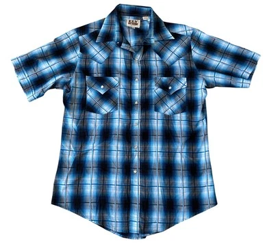 Ely Cattleman Pearl Snap Western Shirt Mens M Short Sleeve Plaid Cowboy Blue - Image 1 of 4