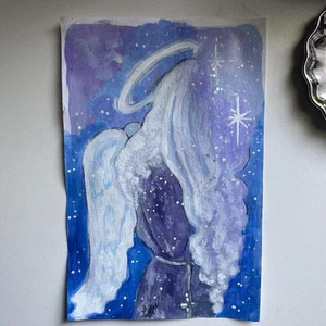 Celestial Star Purple Angel Fantasy Painting On 5x7 Mix Media Paper - Picture 1 of 7