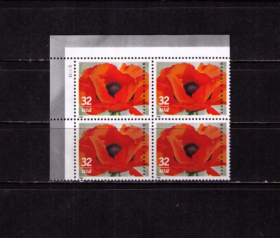 US USA Sc# 3069 MNH FVF PLATE # BLOCK Georgia O'Keeffe Flower Poppy - Image 1 of 1