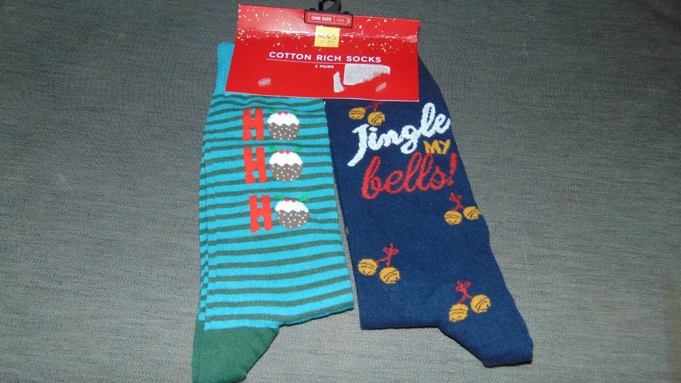 M&S Christmas Socks 2 Prs Cotton Rich Jingle Bells/HoHoHo ONE SIZE Multi BNWT - Image 1 of 1