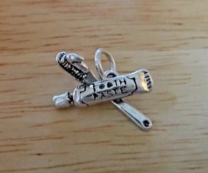 Sterling Silber 3D 13x19mm Zahnpasta & Bürste Zahnarzt Dental Charm - Bild 1 von 7