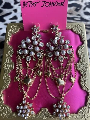Betsey Johnson Vintage Ski Bunny Gray Pearl Lavender Crystal Snowflake Earrings - Image 1 of 3