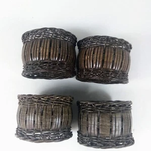 4 Wicker Napkin Brown Rings Reinforced with Metal Bohemian MCM Decor Style - Bild 1 von 4
