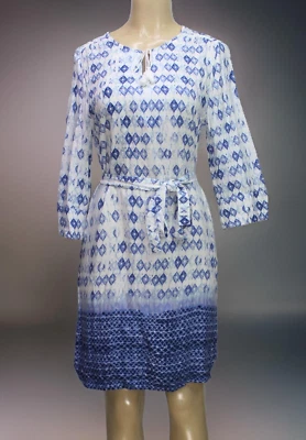 Vestido para mujer Faded Glory con cinturón manga 3/4 blanco/azul talla M Foto 1 de 4