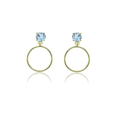 Yellow Gold Flashed 925 Silver 4mm Blue Topaz Dangling Round Hoop Stud Earrings - Image 1 of 3