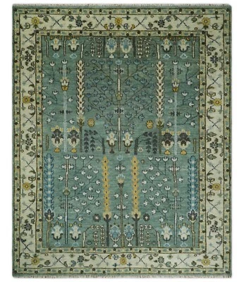 HandKnotted Aqua Ivory Antique Traditional 5x8, 8x10 Wool Area Rug |CP599 - Image 1 of 4