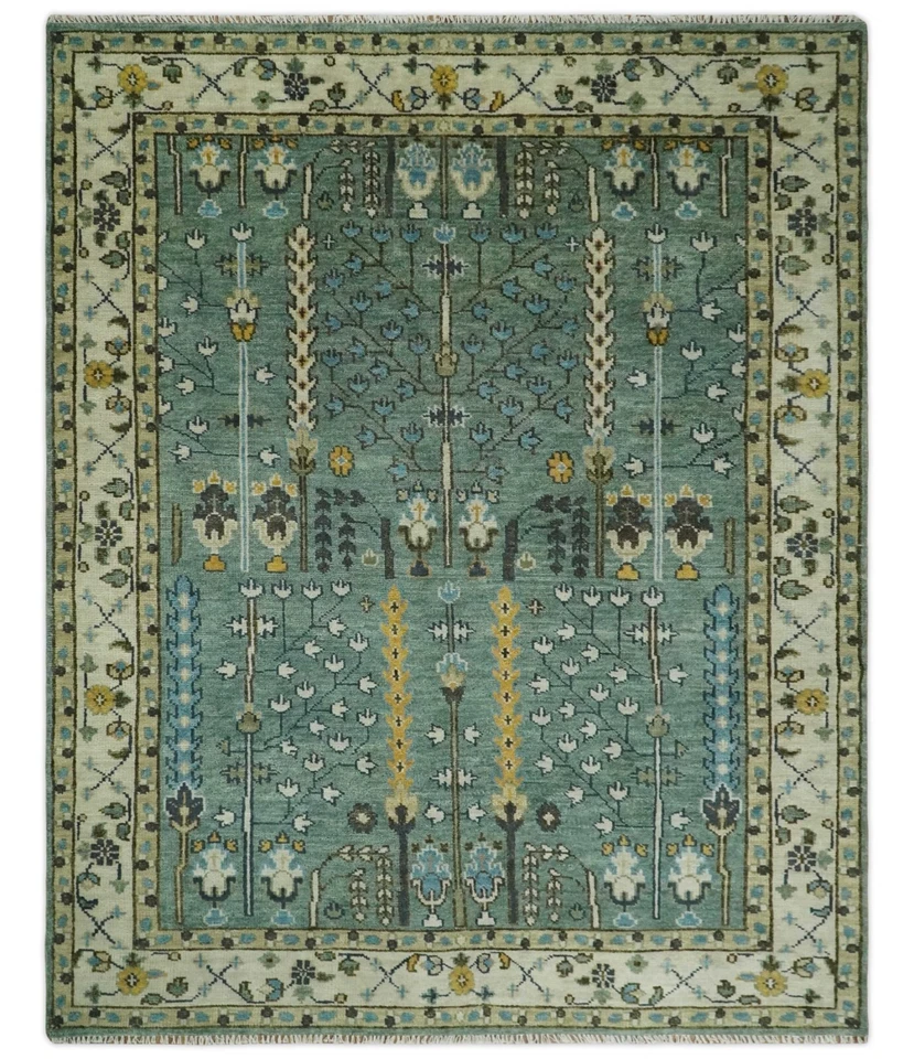 HandKnotted Aqua Ivory Antique Traditional 5x8, 8x10 Wool Area Rug |CP599 - Image 1 of 4
